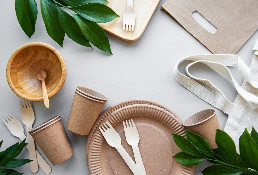 ARTICOLI MONOUSO E PER ALIMENTIfriendly, disposable, cardboard, paper tableware. View from the top.